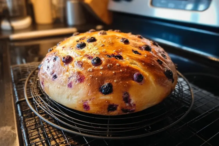 Blueberry Lemon Cream Cheese Sourdough Bread on a wooden cutting board