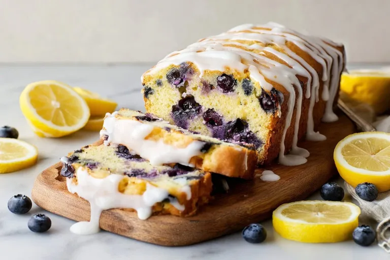 Blueberry lemon olive oil cake slice on a plate with fresh blueberries