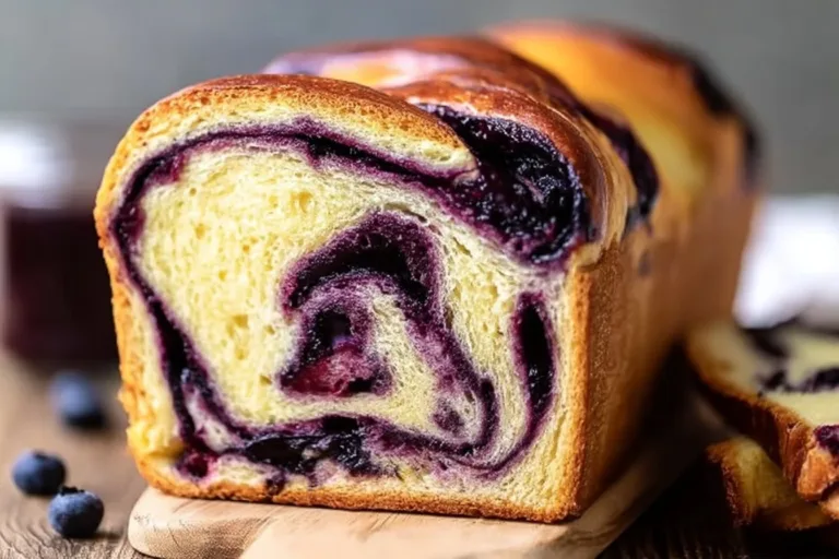 Freshly baked blueberry lemon babka with sourdough bread and a citrus glaze.