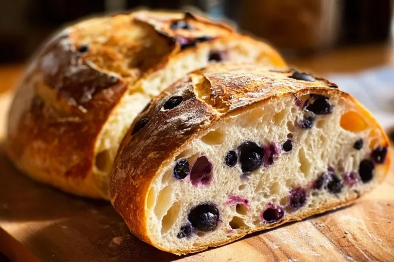 Freshly baked blueberry lemon sourdough bread loaf with berries on top
