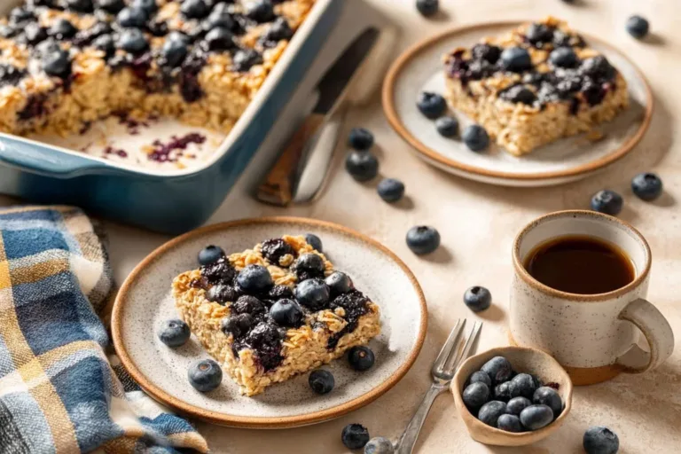 Baked blueberry oatmeal dish topped with fresh blueberries and nuts