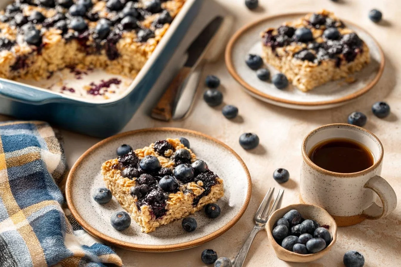 Baked blueberry oatmeal dish topped with fresh blueberries and nuts