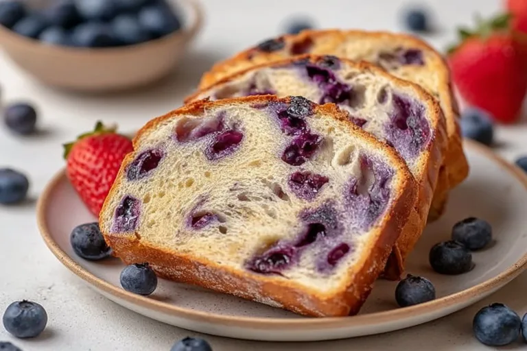 Freshly baked blueberry sourdough bread with a golden crust and blueberries.