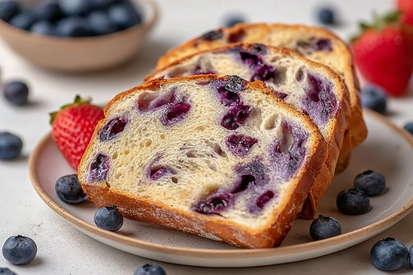 Freshly baked blueberry sourdough bread with a golden crust and blueberries.