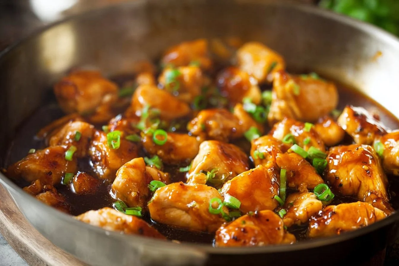 Delicious Bourbon Chicken served with a side of rice and vegetables