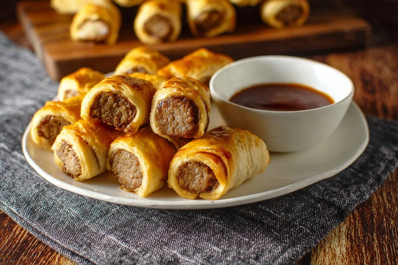 Delicious breakfast pigs in a blanket served on a plate with dipping sauce