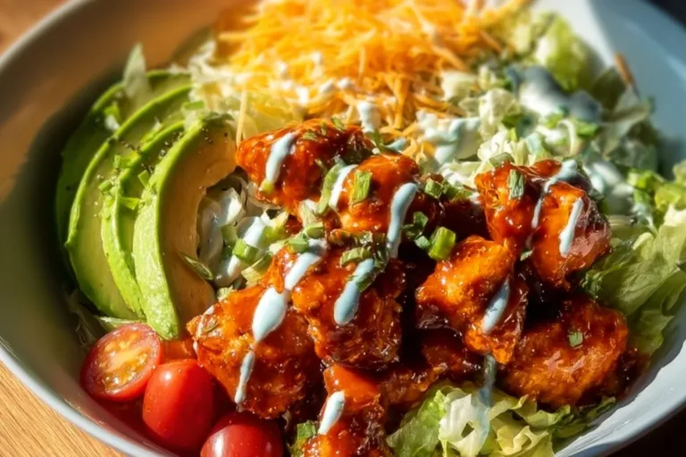 Buffalo Chicken Bowls garnished with green onions and served in a colorful bowl