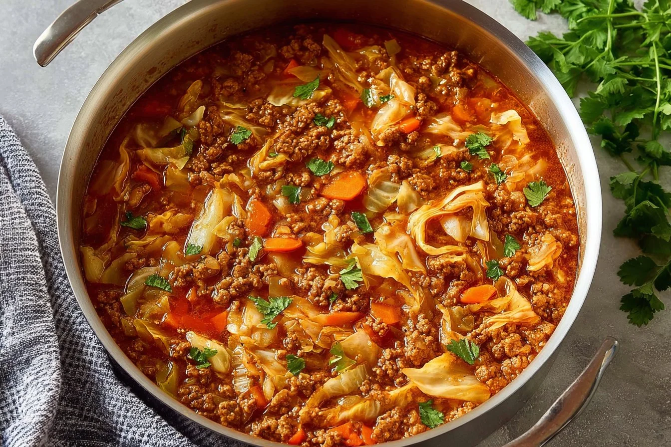 Bowl of delicious cabbage roll soup with cabbage, ground beef, and herbs