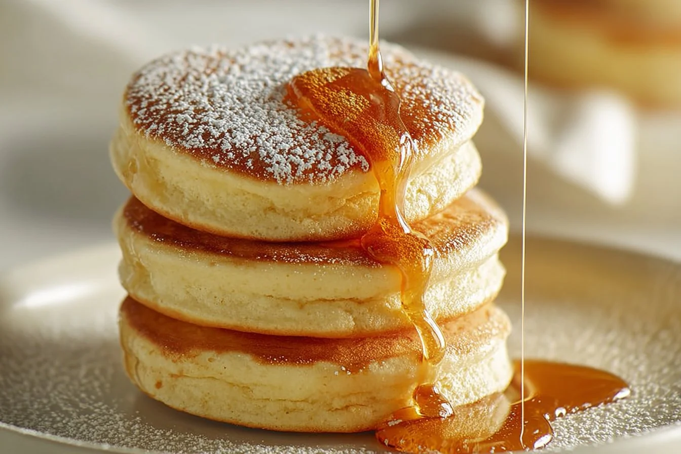 Fluffy café-style pancakes served with syrup and berries on a plate