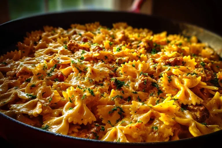 Cajun Cream Cheese Alfredo Bowties with Spiced Ground Beef in a bowl