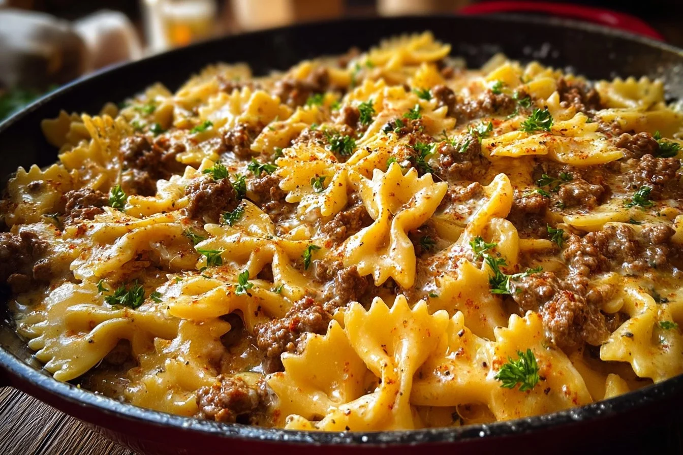 Cajun Cream Cheese Alfredo Bowties with Spiced Ground Beef