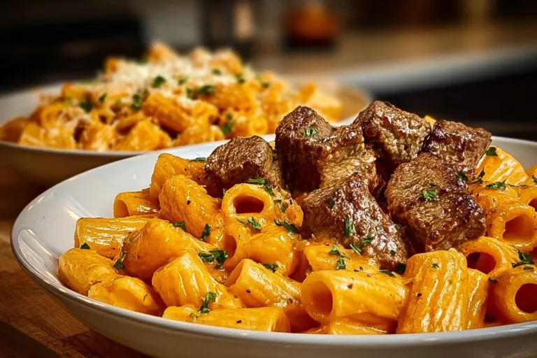 Cajun steak tips served with creamy cheesy rigatoni pasta.