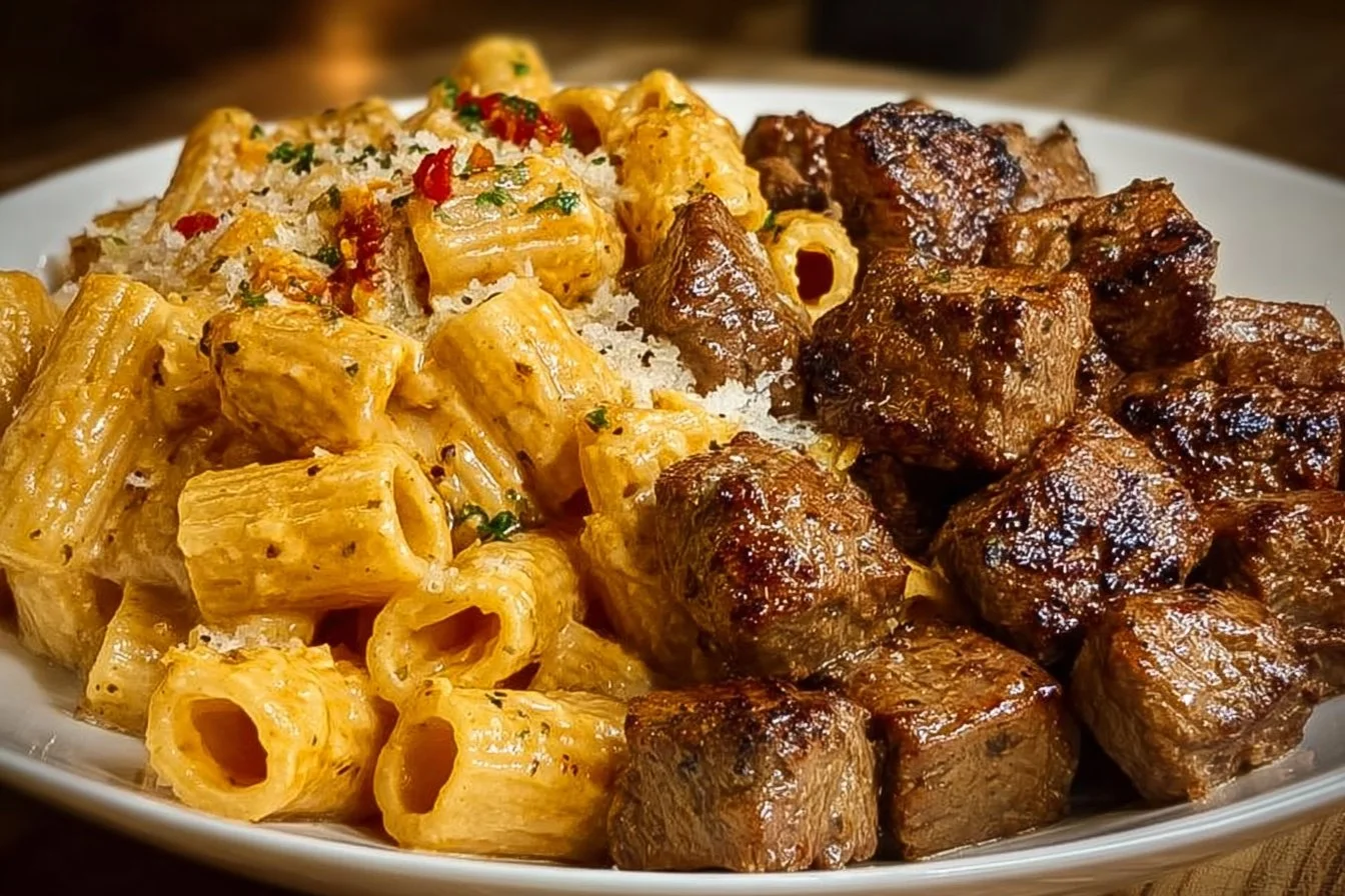 Cajun Steak Tips with Cheesy Rigatoni