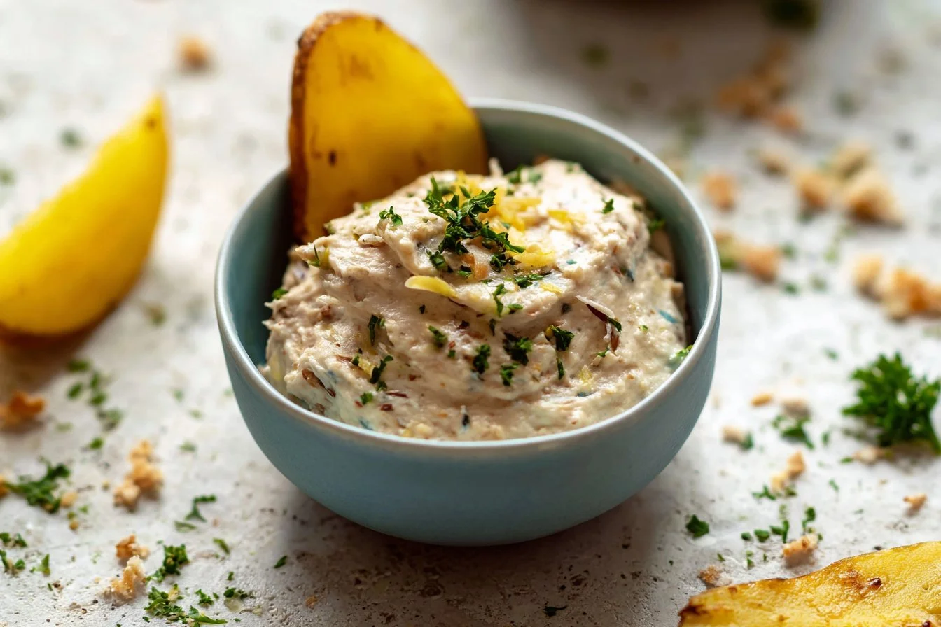 Creamy caramelized onion dip served with chips for appetizers