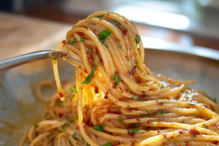 Creamy caramelized onion pasta garnished with herbs and parmesan cheese.