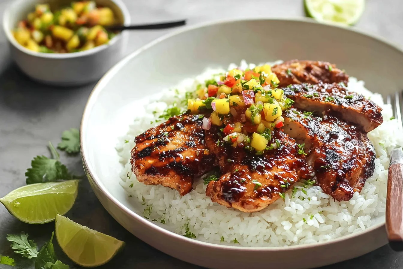 Plate of Caribbean jerk chicken served with vibrant pineapple salsa.