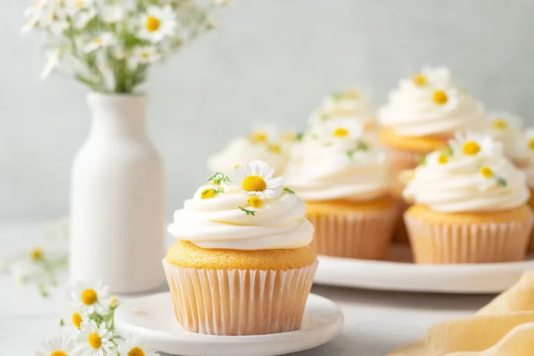 Delicious chamomile cupcakes decorated with edible flowers and frosting.