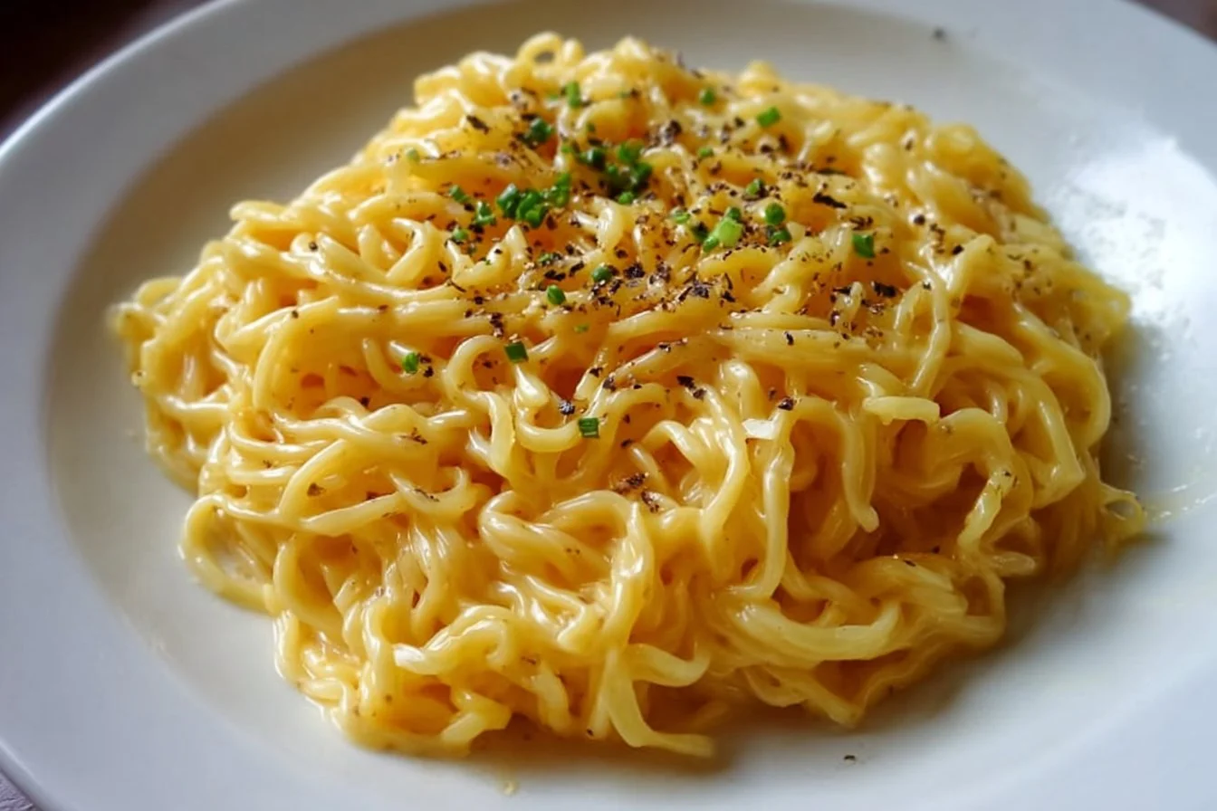 Delicious bowl of cheese ramen topped with melted cheese and herbs.
