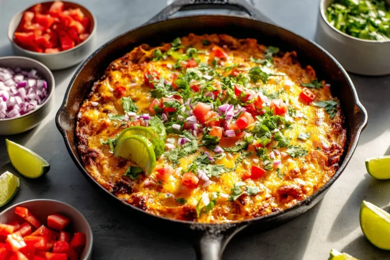 Cheesy chicken enchilada skillet topped with melted cheese and fresh ingredients