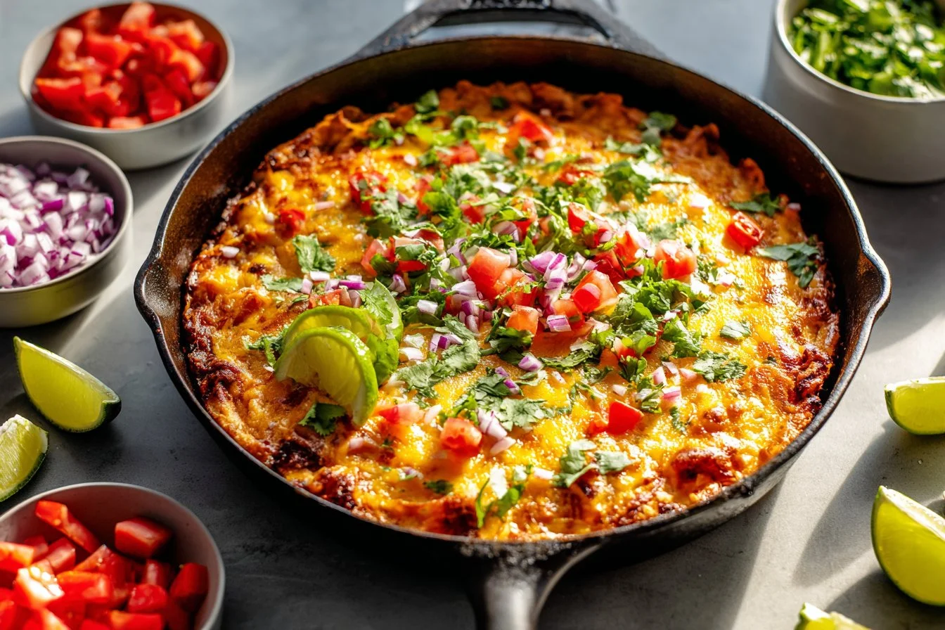 Cheesy chicken enchilada skillet topped with melted cheese and fresh ingredients