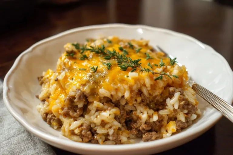 Cheesy ground beef and rice casserole served in a dish