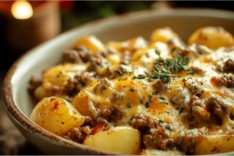 Cheesy ground beef and potato casserole served on a plate