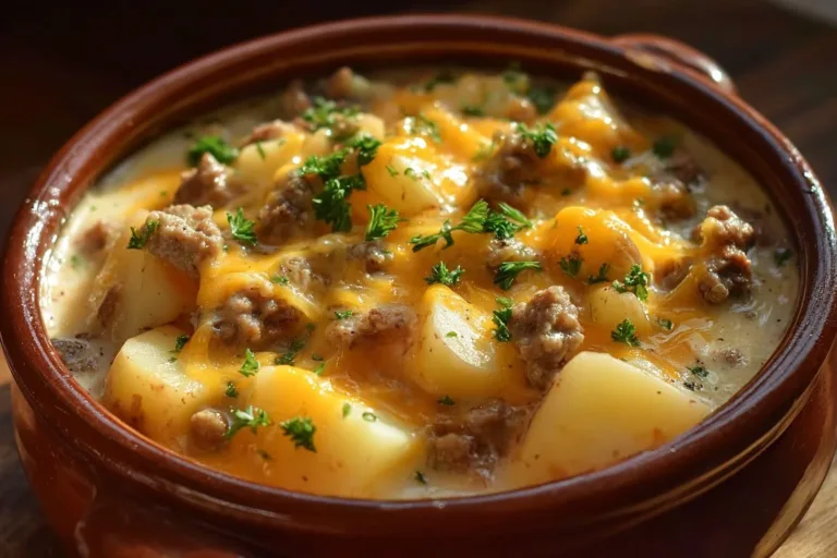Bowl of Cheesy Hamburger Potato Soup with melted cheese and herbs
