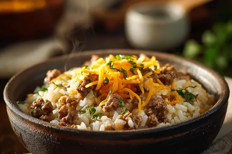 Cheesy hamburger rice casserole topped with melted cheese and herbs