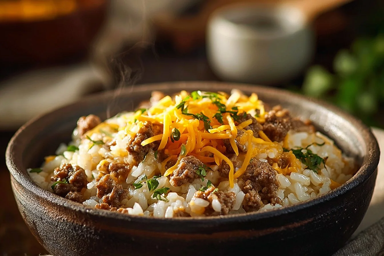 Cheesy hamburger rice casserole topped with melted cheese and herbs