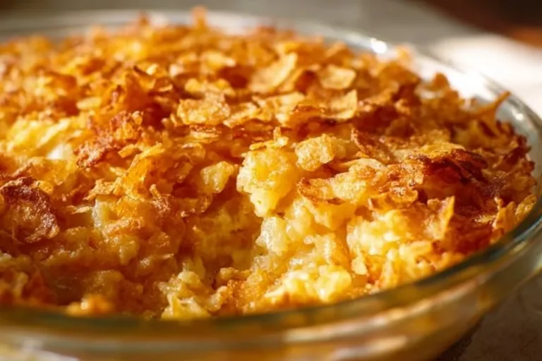 Cheesy hash brown casserole, also known as funeral potatoes, baked until golden brown.