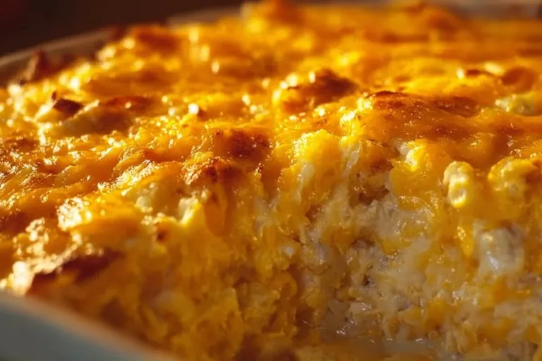 Cheesy hashbrown casserole topped with melted cheese and crispy edges