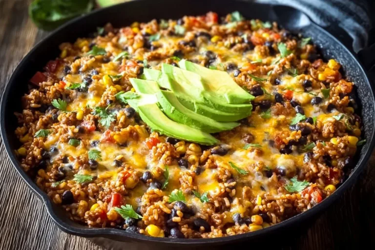 Cheesy taco rice skillet topped with melted cheese and fresh toppings.