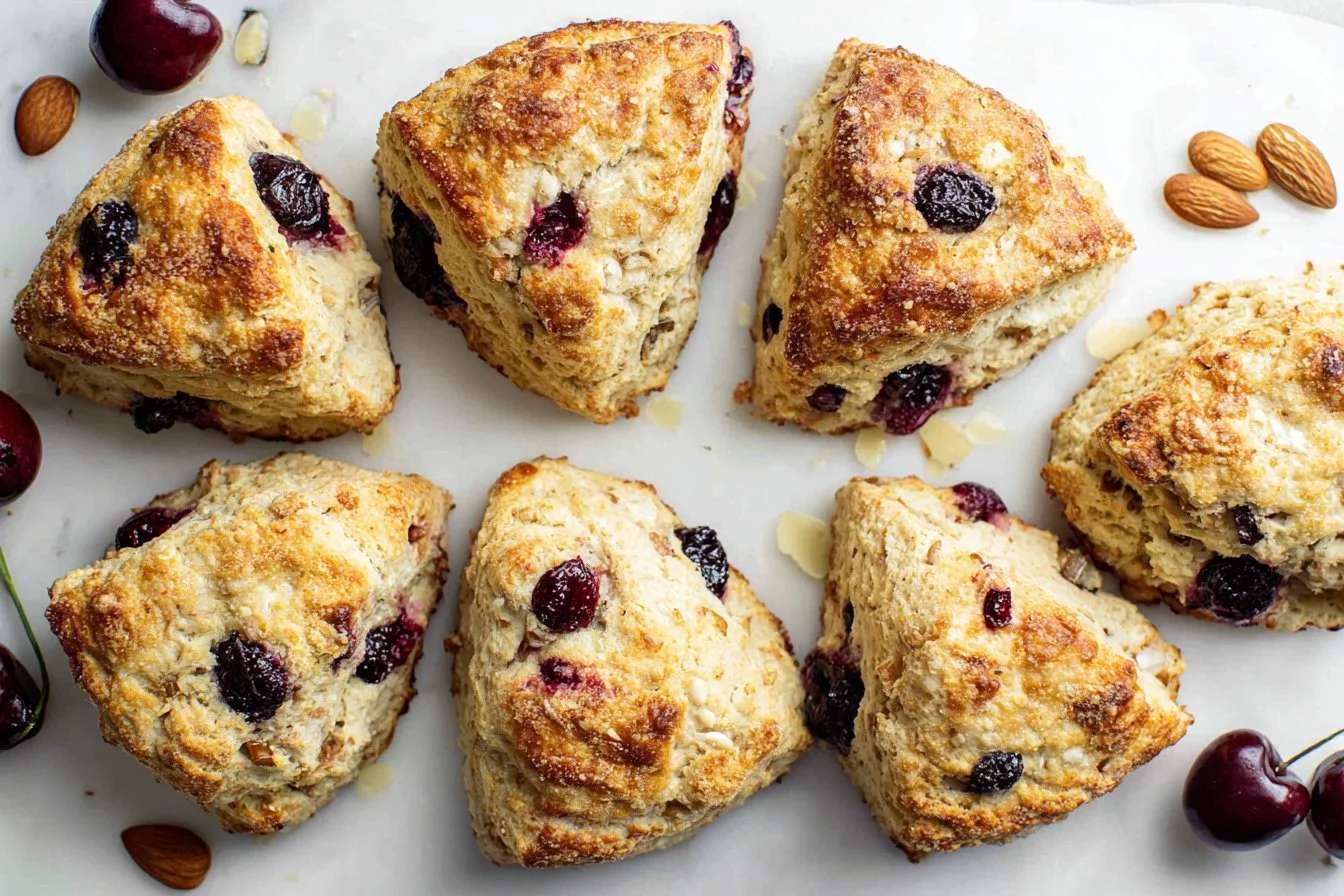 Delicious Cherry Almond Scones with cherries and almonds on a plate