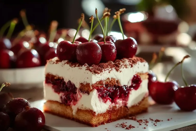 Delicious Cherry Amaretto Tiramisu dessert with cherries and creamy layers