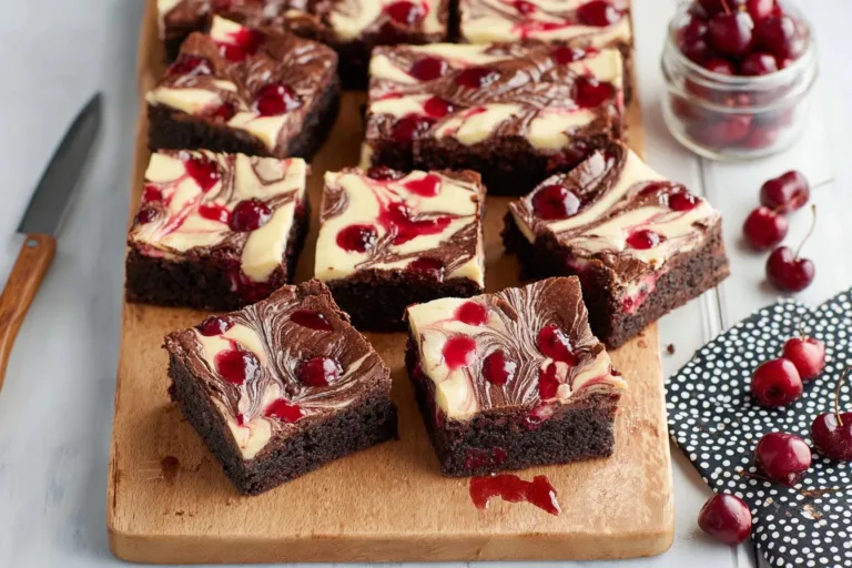 Delicious cherry cheesecake brownies topped with a vibrant cherry sauce.