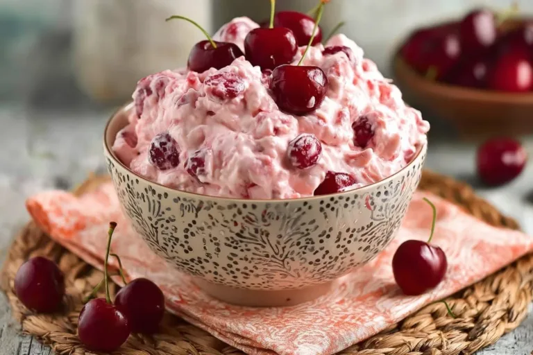 Delicious Cherry Cheesecake Fluff dessert in a bowl with cherries on top