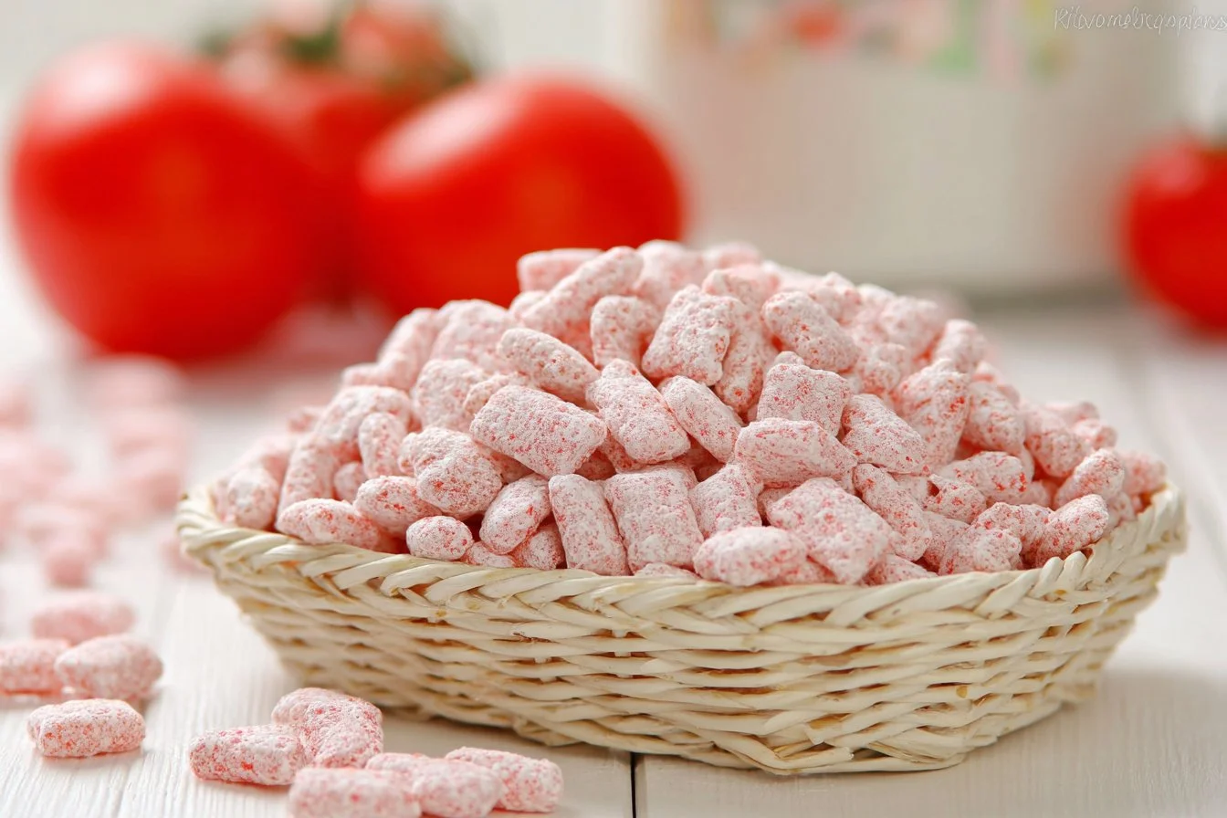 Delicious Cherry Cheesecake Puppy Chow with cherry pieces and a creamy coating