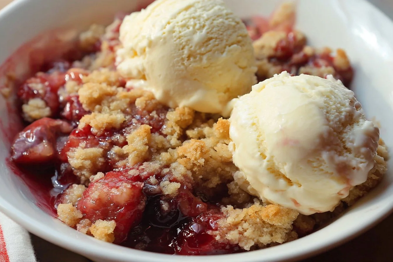 Homemade cherry cobbler topped with crispy crust and fresh cherries