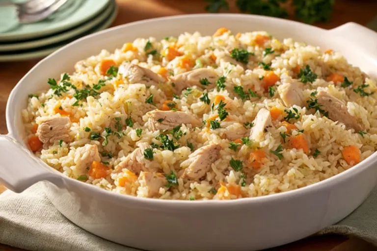 Delicious chicken and rice casserole in a baking dish, ready to serve.