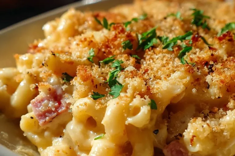 Delicious Chicken Cordon Bleu Casserole topped with cheese and crispy breadcrumbs