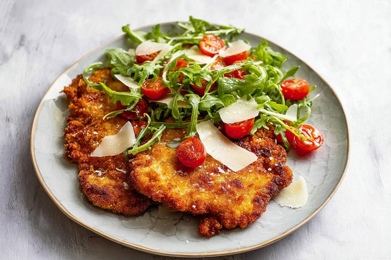 Crispy Chicken Milanese with a fresh tomato arugula salad on a plate