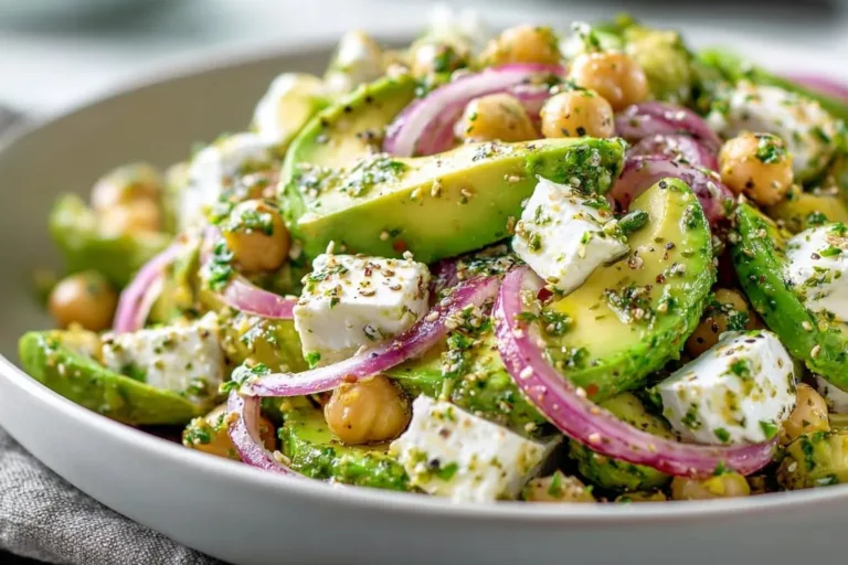 Chickpea Feta Avocado Salad with fresh ingredients in a bowl