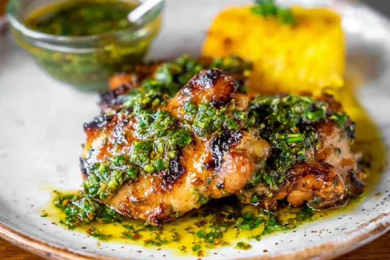Delicious chimichurri chicken thighs garnished with fresh herbs and spices