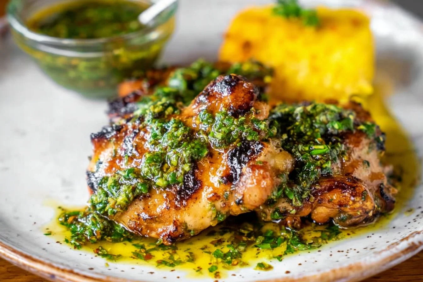 Delicious chimichurri chicken thighs garnished with fresh herbs and spices