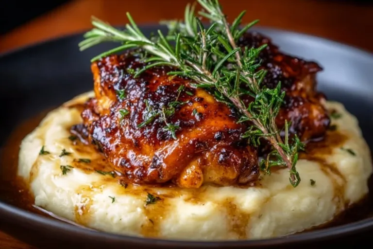 Chipotle honey chicken thighs served with smoked gouda mashed potatoes.