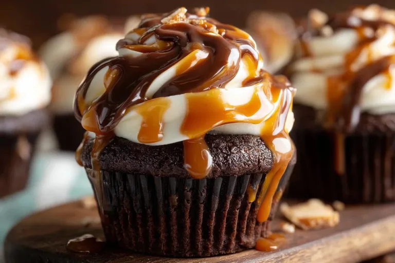 Delicious chocolate caramel cupcakes with caramel drizzle and chocolate frosting.