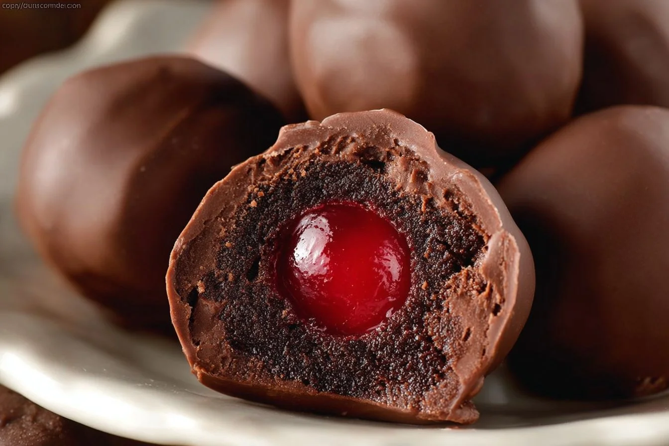Delicious chocolate covered cherry brownie bombs on a serving plate