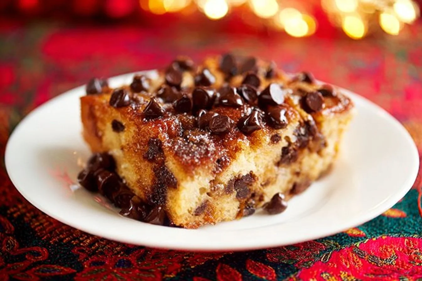 Chocolate croissant breakfast bake with melted chocolate and flaky pastry layer