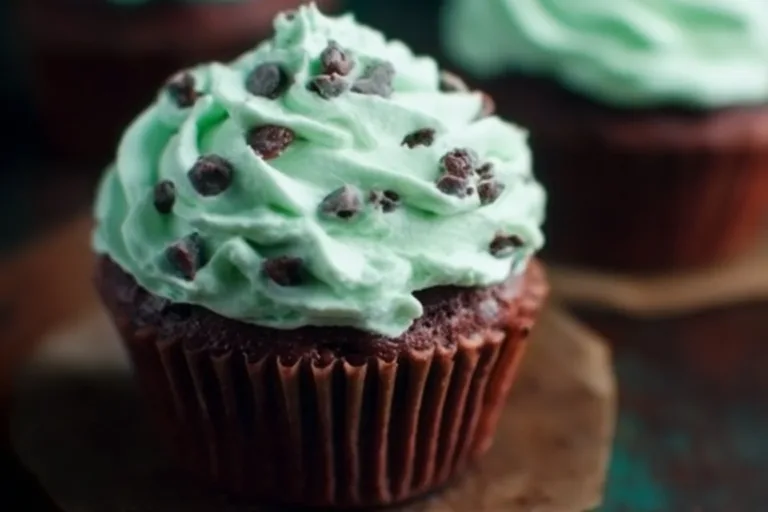 Delicious chocolate cupcakes topped with mint chocolate chip frosting