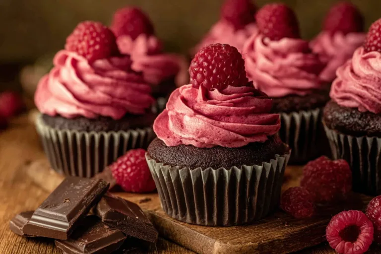 Delicious chocolate raspberry cupcakes topped with fresh raspberries and chocolate frosting